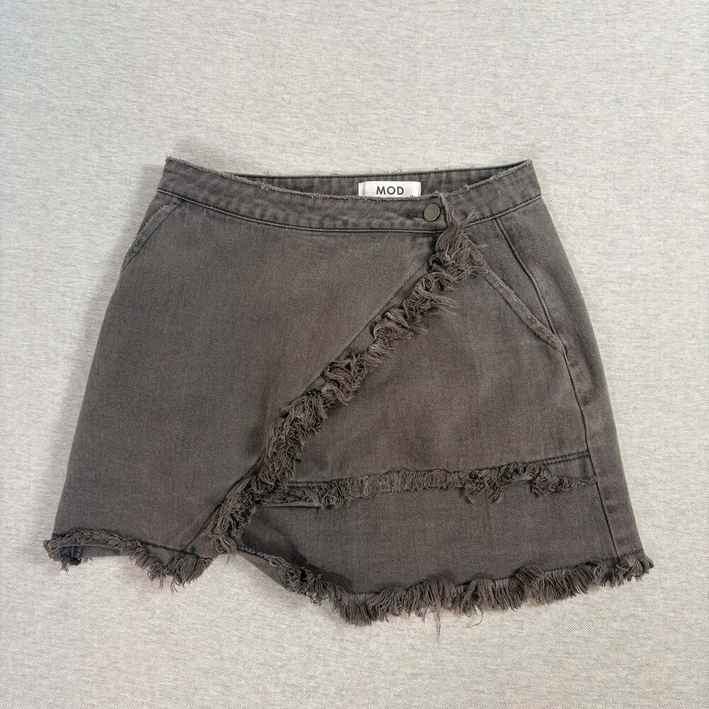 MOD Brand Frayed Asymmetrical Wrap-Front Denim Mini Skirt in Charcoal Grey